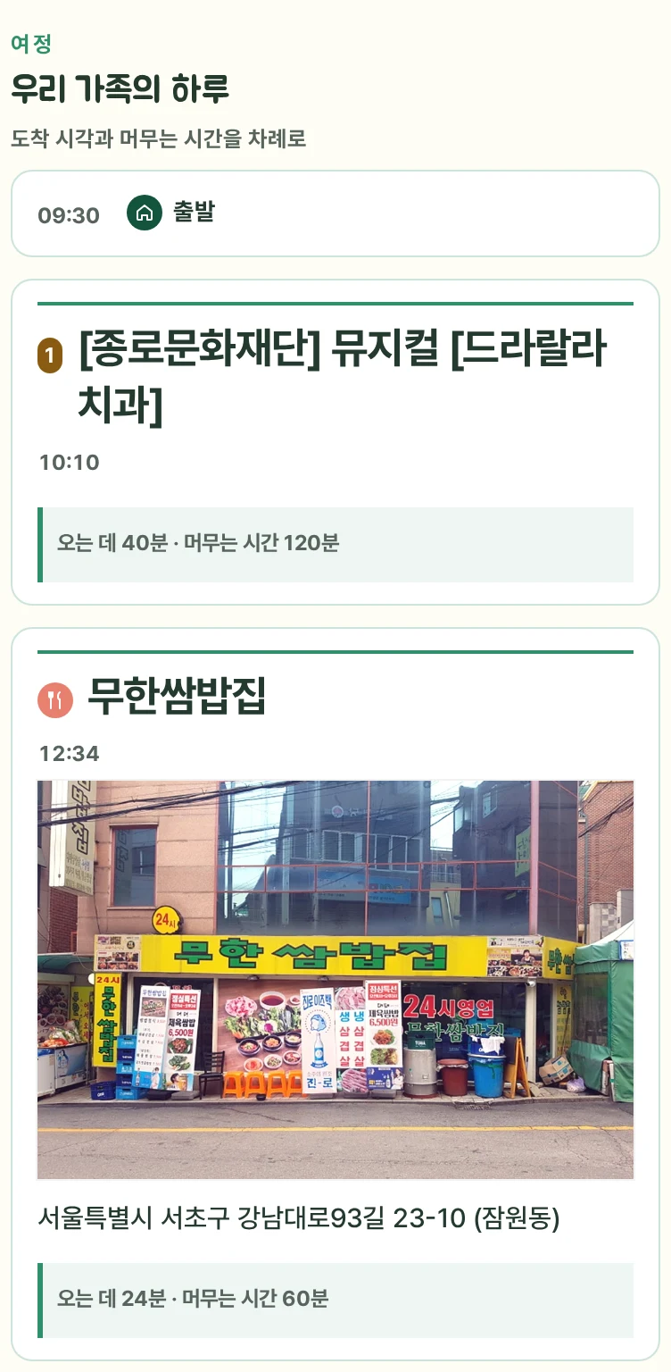 실제 공개 계획서의 하루 일정 일부 — 출발, 첫 방문 장소, 점심 식당과 도착 시각