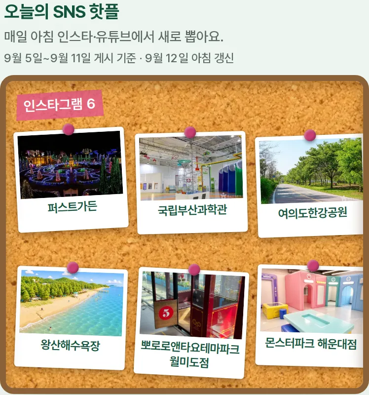 오늘의 SNS 핫플 코르크보드 화면